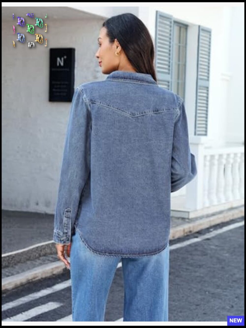 Distressed Denim Jacket Relaxed Fit Button Down Trucker Shacket Long Sleeve - Picture 5 of 7